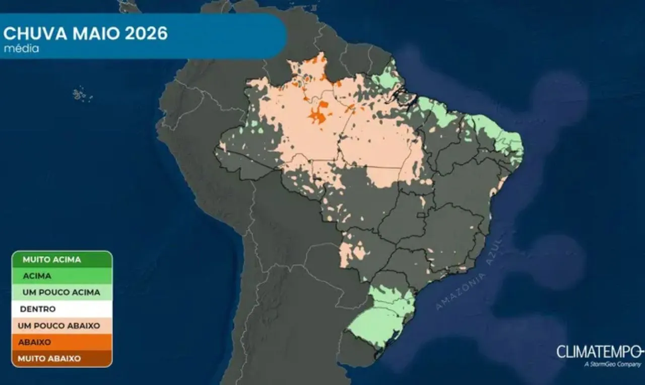 O mapa mostra o comportamento de precipita&ccedil;&otilde;es no decorrer do m&ecirc;s de Maio